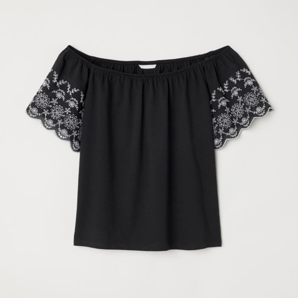 H&M Black Boho Pleasant Blouse Top Embroidered Size Large
